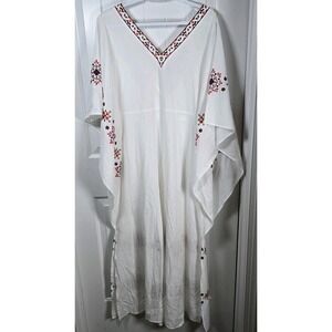Soft Surroundings Embroidered Kaftan Dress White Maxi Ties At Waist Sz L Womens
